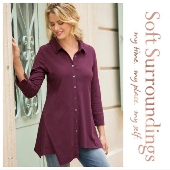 Soft Surroundings Plum Santa Barbara Brushed Jersey Button Front Tunic Top XS - Picture 6 of 6